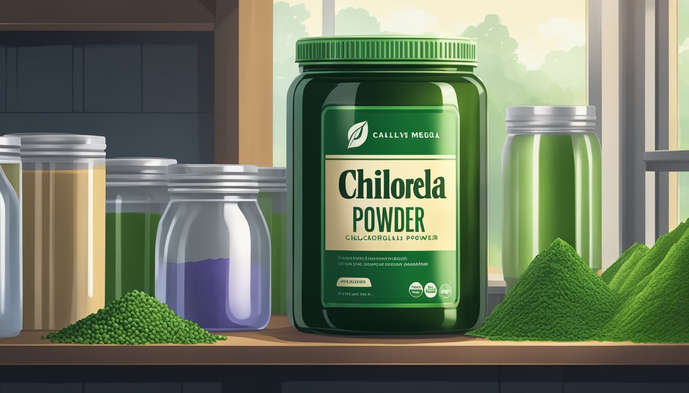 A tightly sealed container of chlorella powder sits on a shelf in a cool, dark pantry, away from direct sunlight and moisture