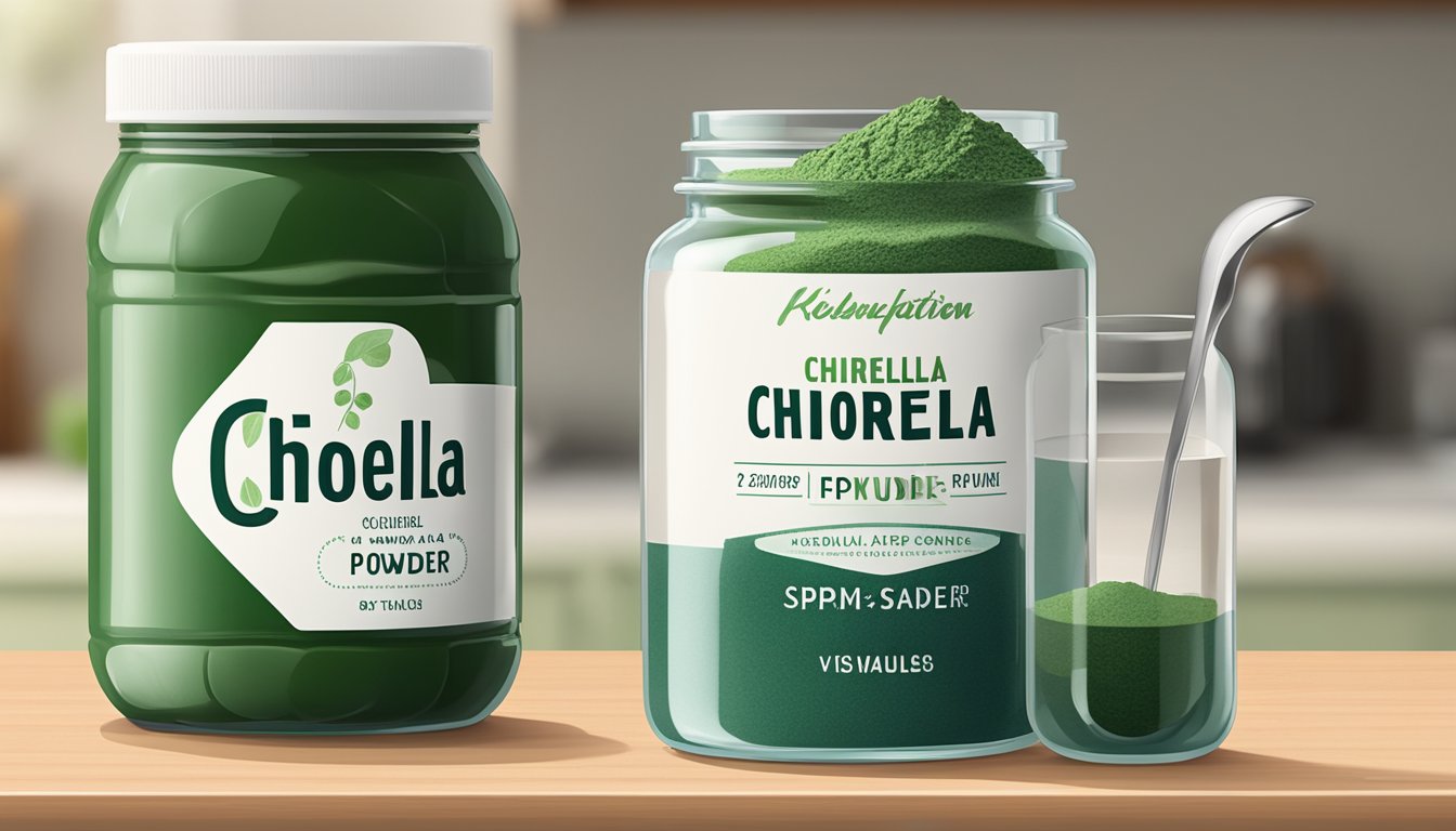 A jar of chlorella powder sits on a kitchen counter, next to a measuring spoon and a glass of water. The expiration date is clearly visible on the label