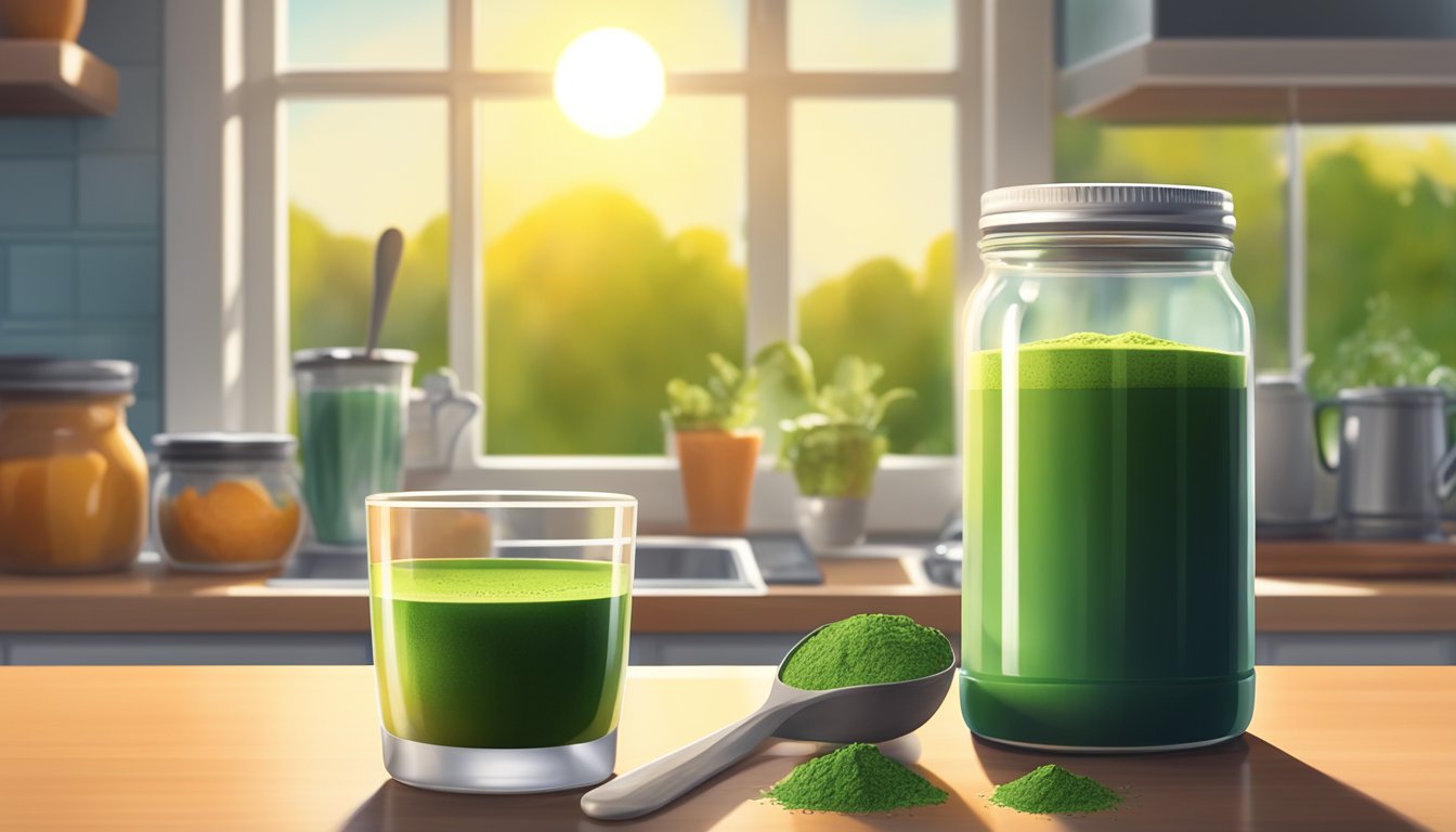 A jar of chlorella powder sits on a kitchen counter, next to a measuring spoon and a smoothie blender. The sun streams in through the window, casting a warm glow over the scene