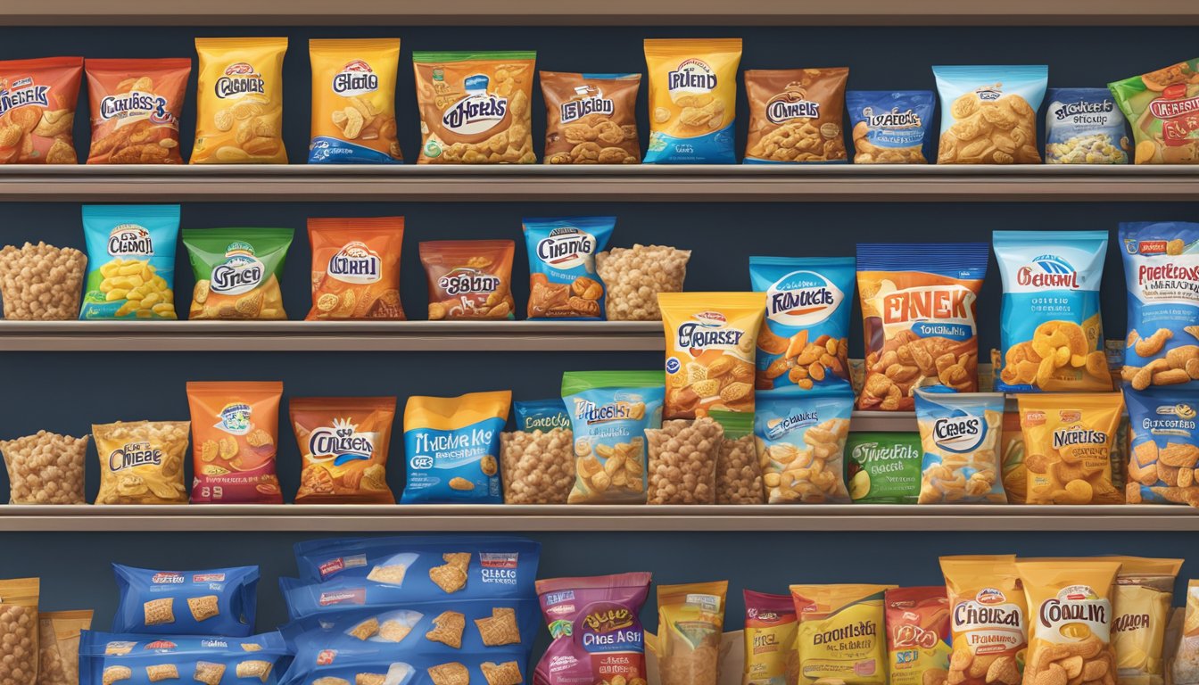 A bag of Chex Mix sits on a pantry shelf, surrounded by other snacks. The expiration date is clearly visible on the packaging