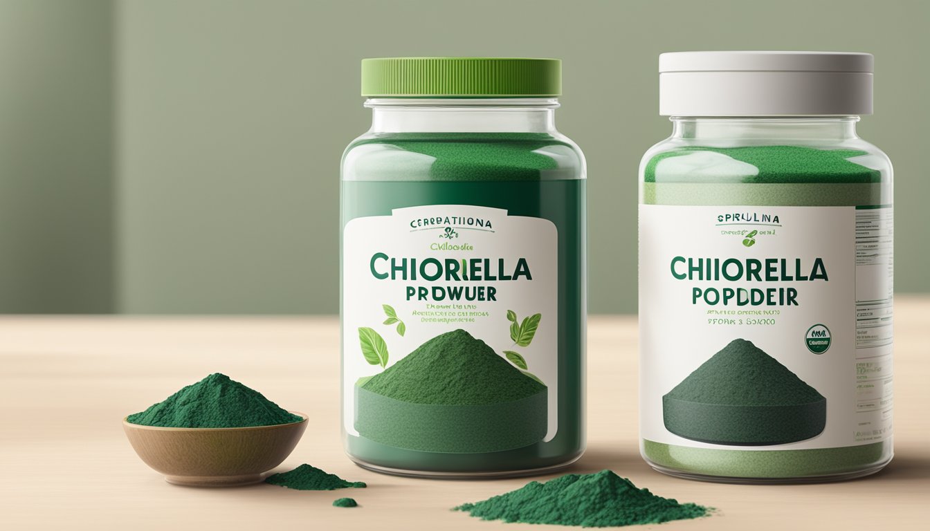 A jar of chlorella powder sits next to a jar of spirulina powder, with expiration dates clearly displayed on each label