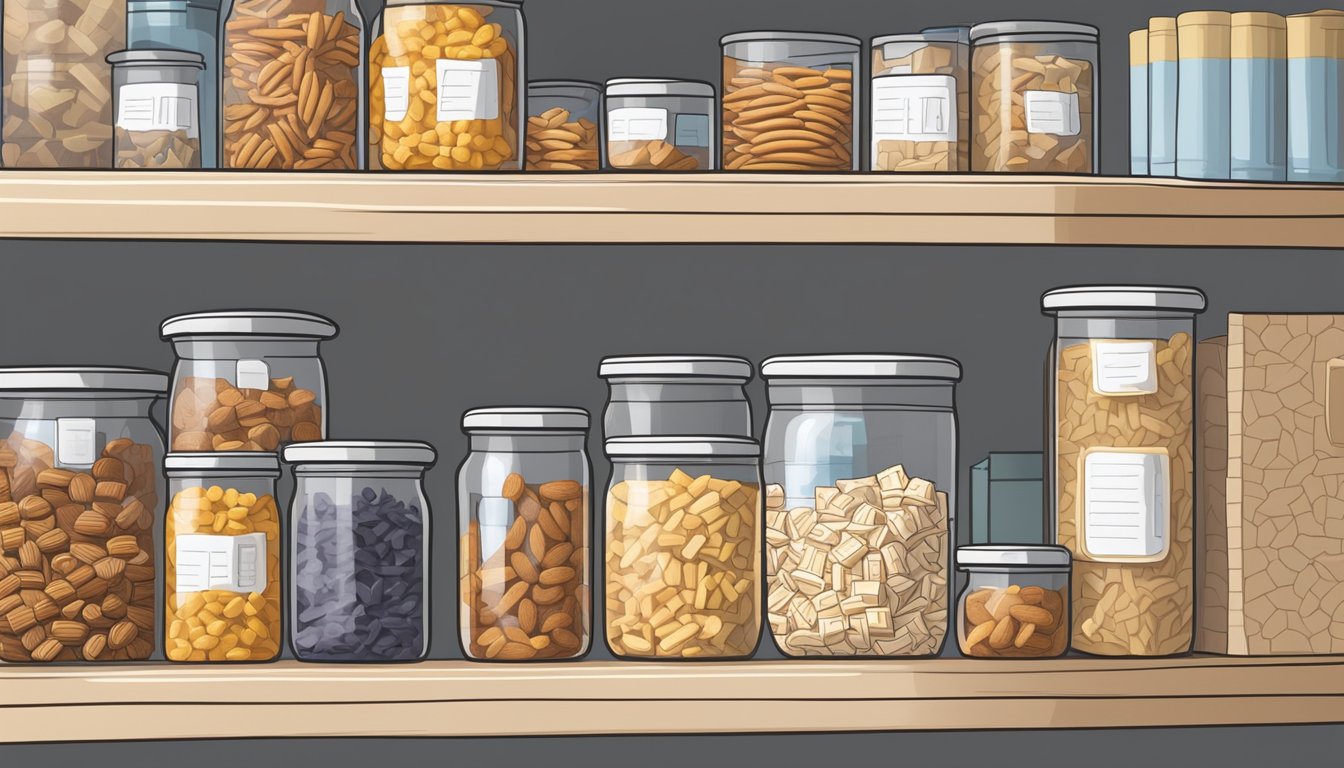 A clear, airtight container holds a batch of fresh Chex Mix on a pantry shelf. A calendar on the wall indicates the current date