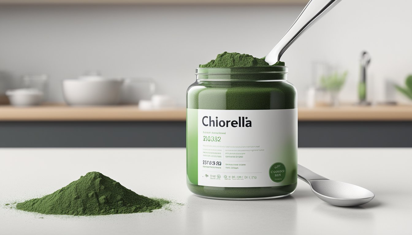 A glass jar of chlorella powder sits on a clean, white countertop, next to a scoop and a measuring spoon. The jar is labeled with the expiration date