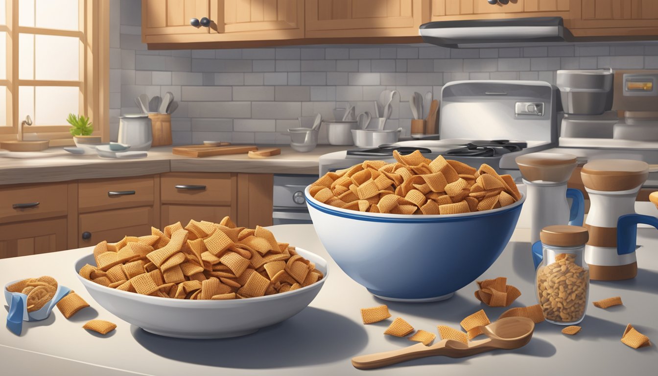 A bowl of Chex Mix sits on a kitchen counter, surrounded by ingredients and measuring cups. A clock on the wall indicates the passage of time