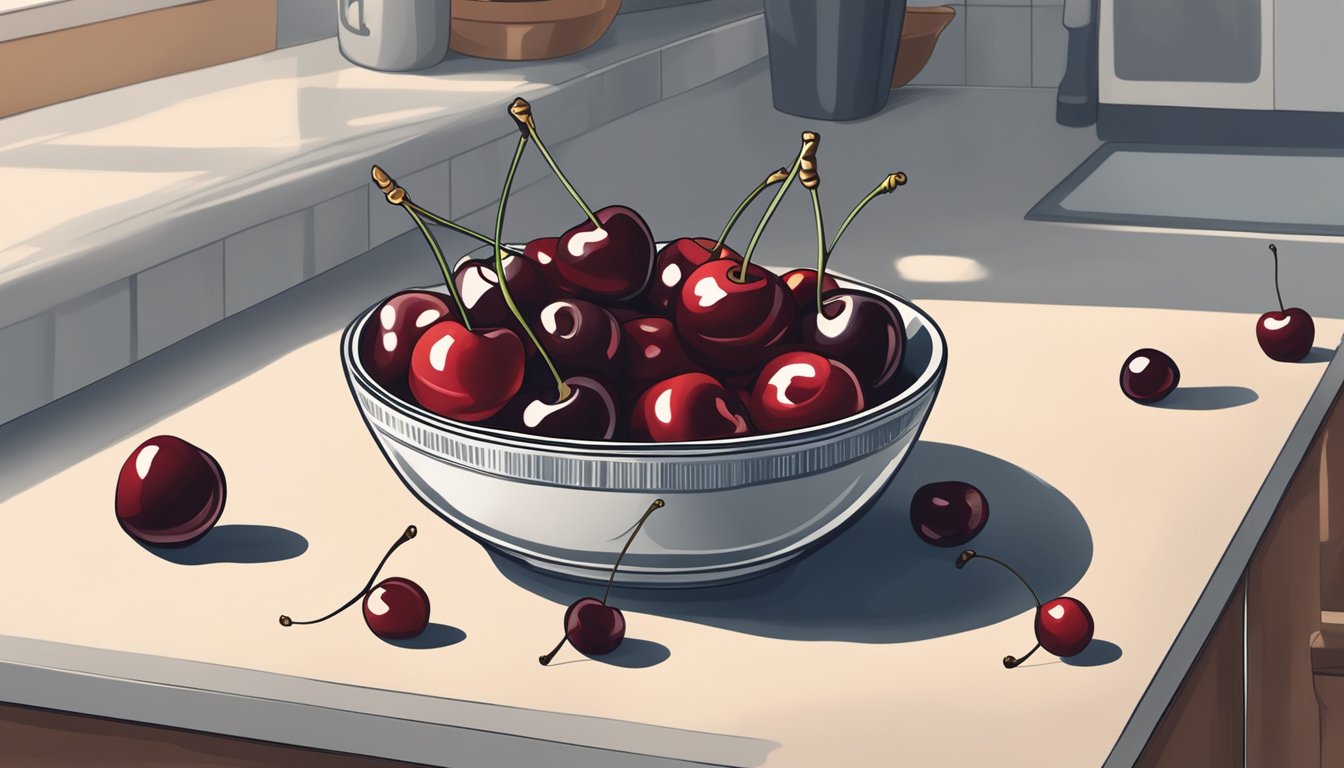 A bowl of cherries sits on a kitchen counter, some ripe and plump, others beginning to wrinkle and darken. A few fallen cherries lie scattered nearby