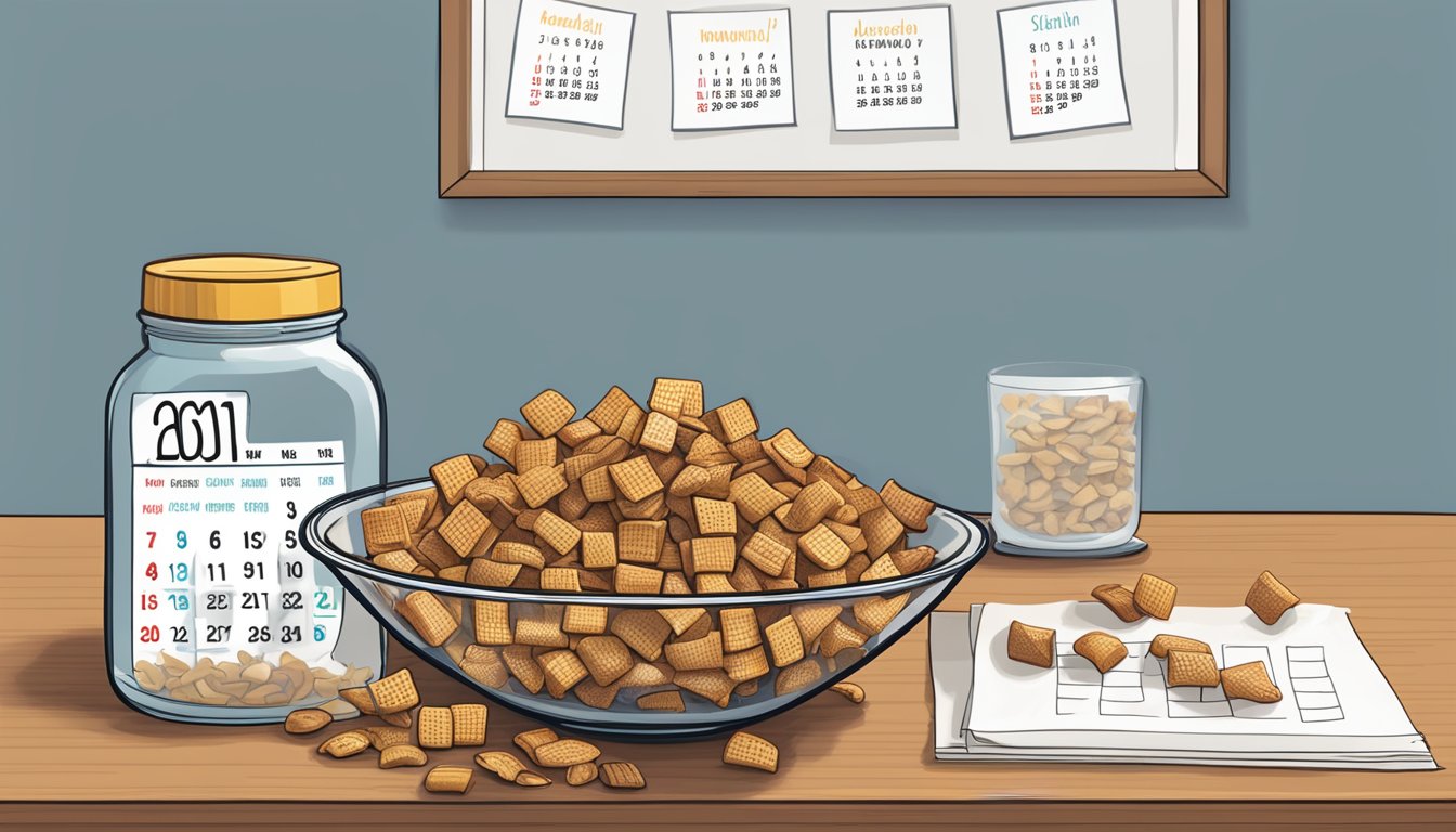 A bowl of ready-made Chex Mix sits next to a homemade batch, with a calendar showing the date of preparation