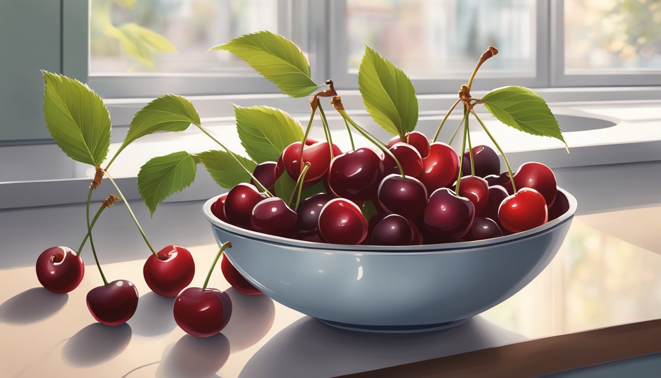 A bowl of cherries sitting on a kitchen counter, surrounded by natural light and a few scattered stems and leaves