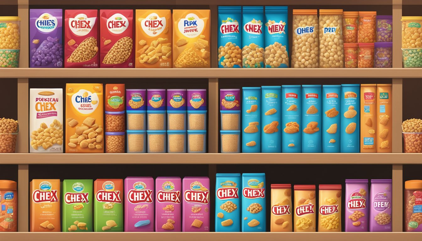 A variety of Chex cereals arranged in colorful, neatly organized rows on a pantry shelf. Some boxes are open, with cereal spilling out onto the shelf