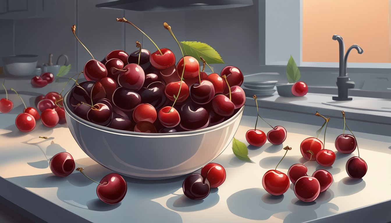 A bowl of cherries, some fresh and plump, others shriveled and moldy, sitting on a kitchen counter