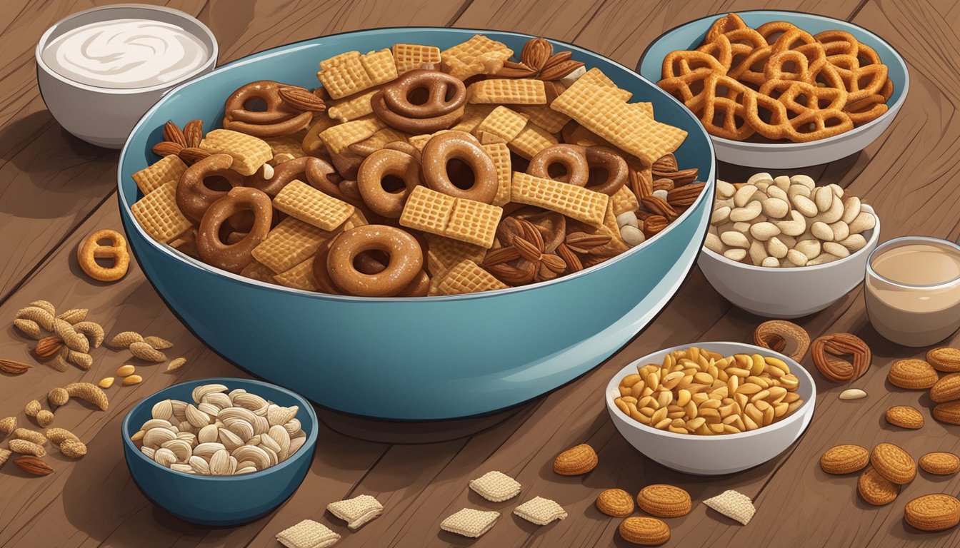 A bowl of Chex Mix sits on a wooden table, surrounded by a variety of snack ingredients such as pretzels, nuts, and cereal