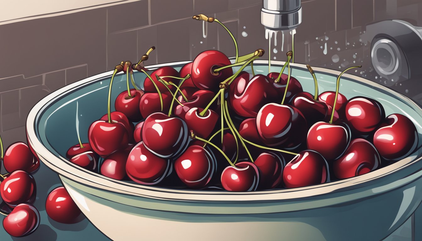 A bowl of fresh cherries being washed and pitted