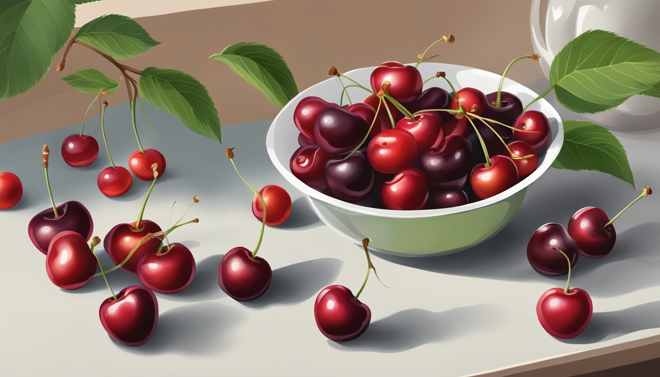 A bowl of cherries with varying degrees of ripeness, some with stems, sitting on a kitchen counter