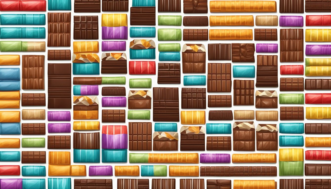 A shelf of assorted chocolate bars in colorful wrappers, some with exotic flavors like sea salt or chili, arranged neatly in rows