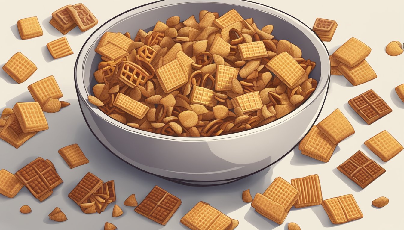 A bowl of Chex Mix sits on a countertop, surrounded by a few scattered pieces. The mix appears fresh and crunchy, with a variety of shapes and textures