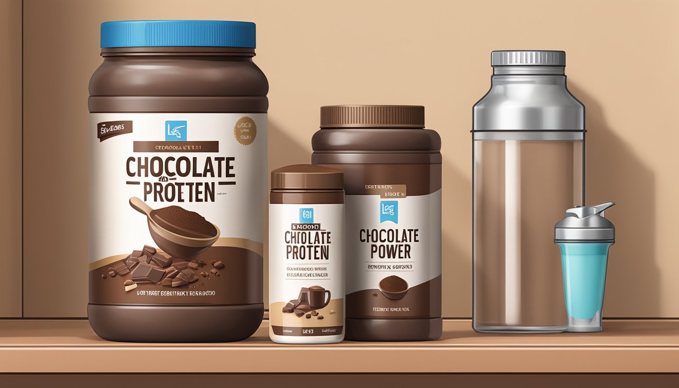 A sealed container of chocolate protein powder sits on a pantry shelf, next to a scoop and a shaker bottle