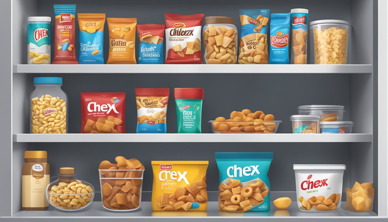 A sealed container of Chex Mix sits on a clean, organized pantry shelf with other snacks