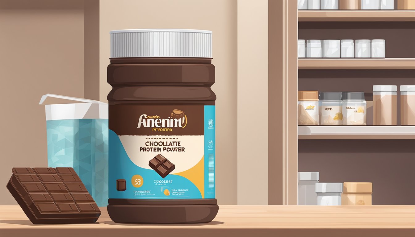 A sealed container of chocolate protein powder sits on a shelf next to a calendar, with a visible expiration date