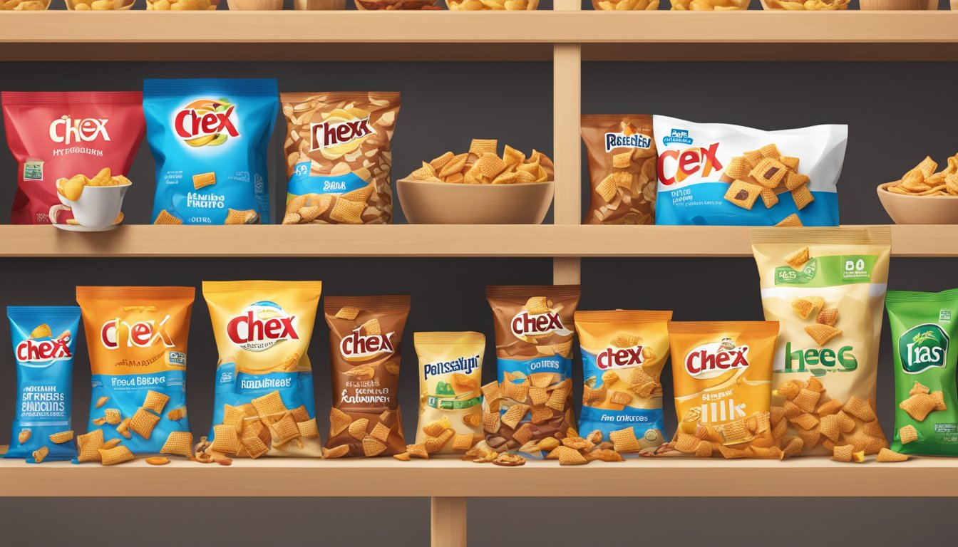 A bag of Chex Mix sits on a pantry shelf, surrounded by other snacks. The packaging is slightly crumpled, and a few pieces have spilled out onto the shelf