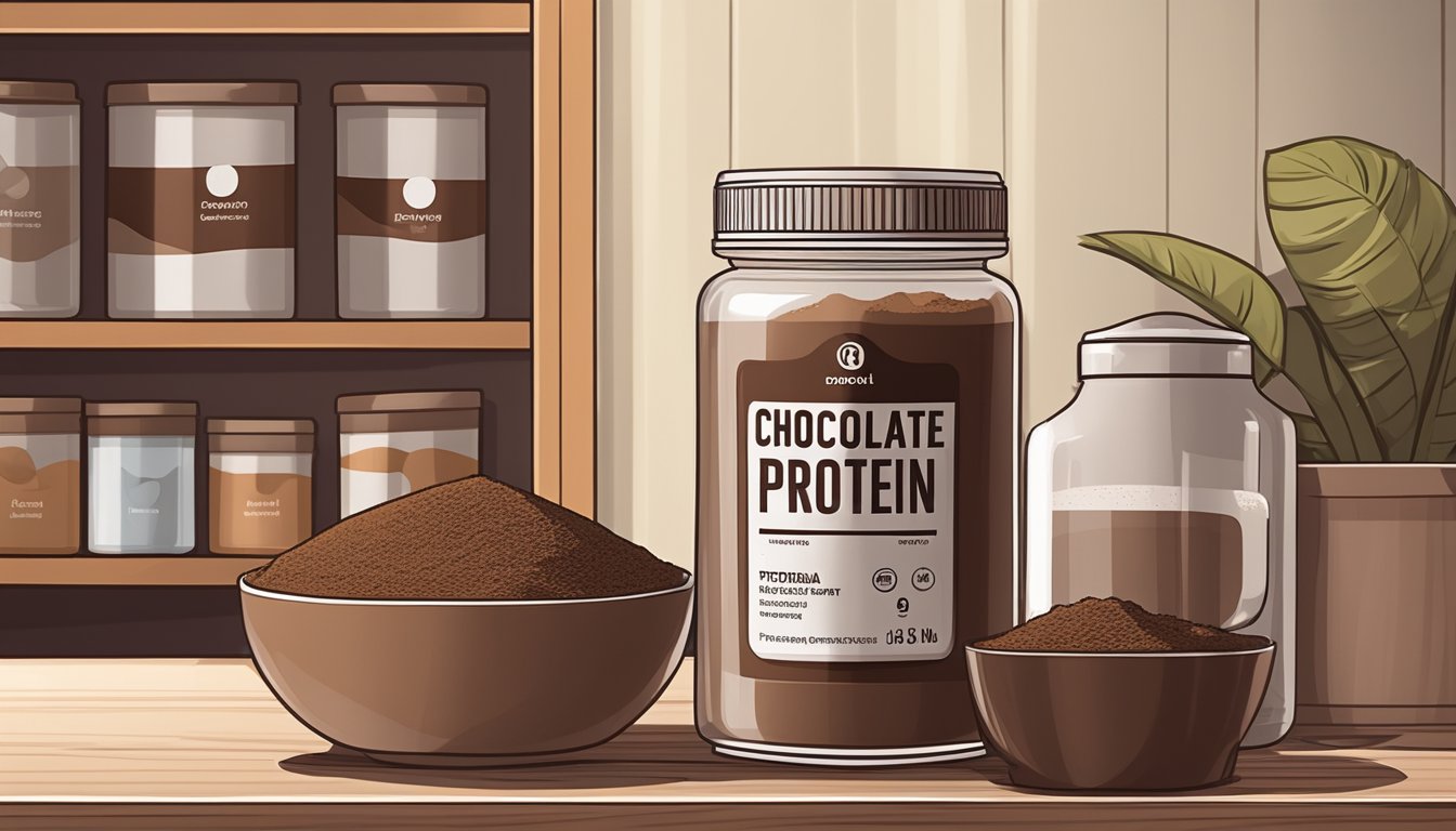 A sealed container of chocolate protein powder sits on a shelf next to a temperature gauge. The room is dimly lit, with minimal moisture in the air