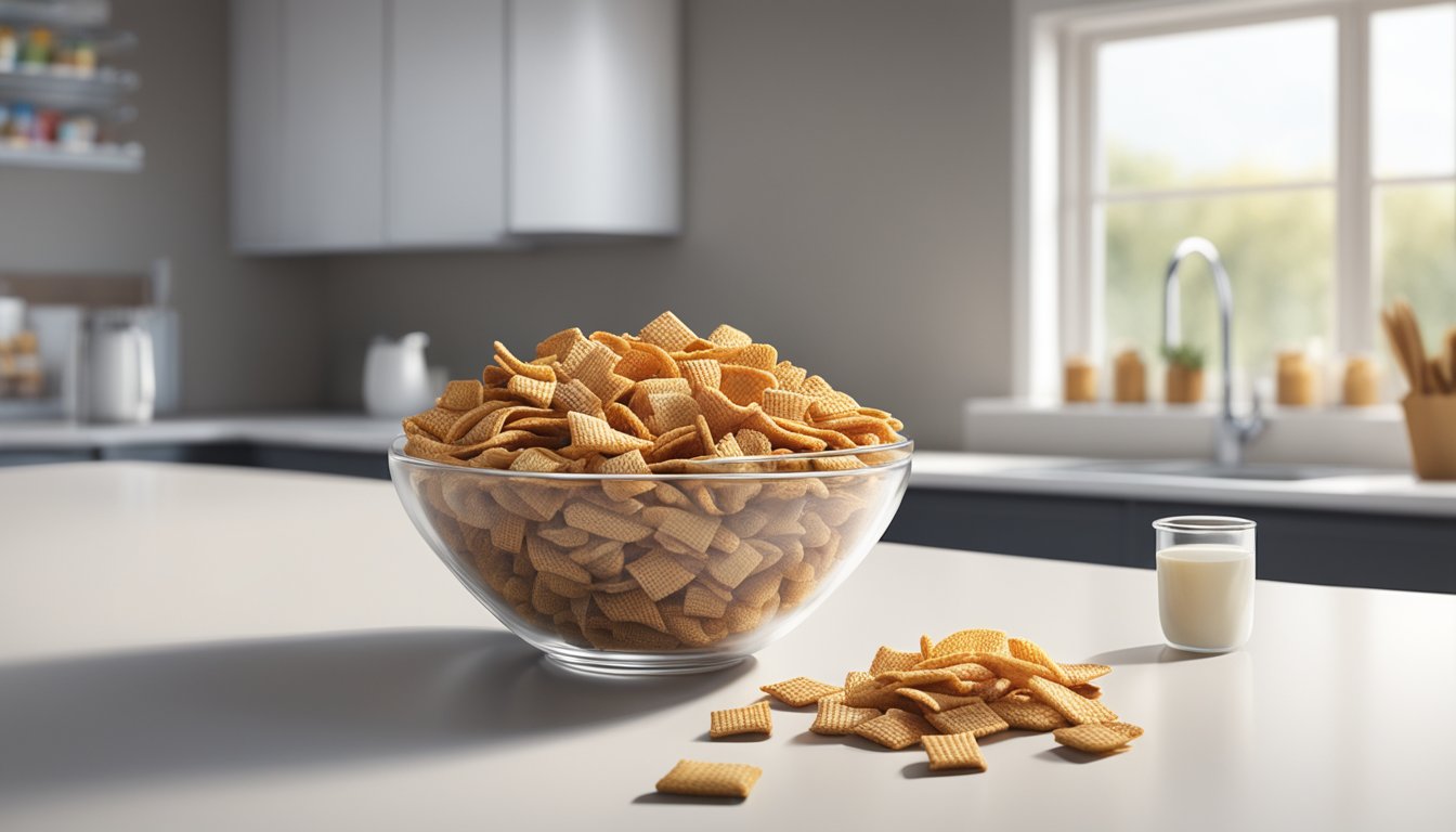 A bowl of Chex Mix sits on a clean, white countertop, surrounded by various snack containers. The room is bright and welcoming, with natural light streaming in through the window