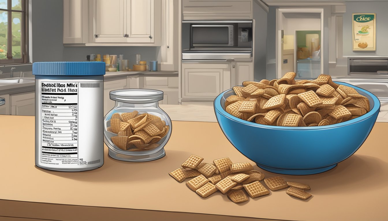 A bowl of Chex Mix sits on a kitchen counter with a timer next to it, indicating the passage of time. A sealed container of Chex Mix is shown with a "best by" date on the label