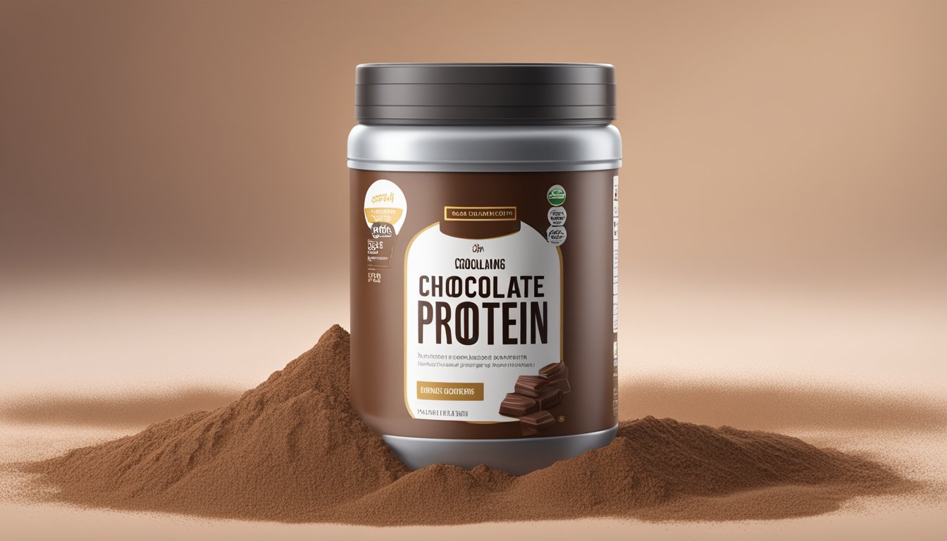 An open container of chocolate protein powder with visible signs of spoilage, such as clumping, discoloration, and a foul odor