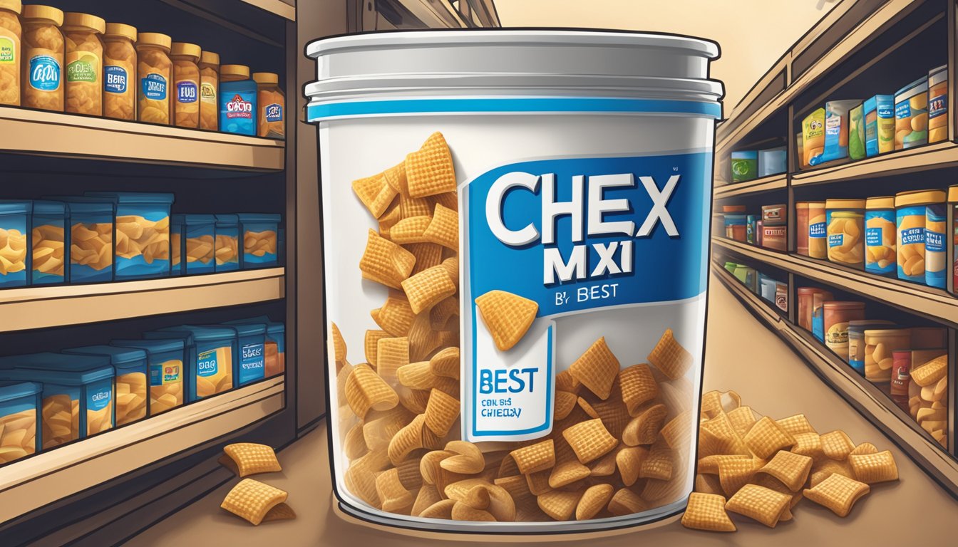 A sealed container of Chex Mix sits on a pantry shelf with a "best by" date visible