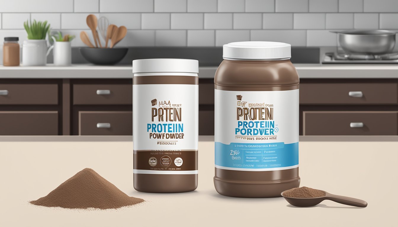 A jar of chocolate protein powder sits on a kitchen counter, next to a scoop and a shaker bottle. The expiration date is clearly visible on the label