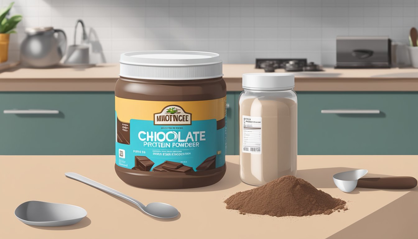 A jar of chocolate protein powder sits on a kitchen counter, next to a scoop and a measuring cup. The expiration date is clearly visible on the label