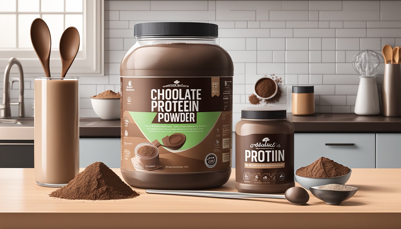 A jar of chocolate protein powder sits on a kitchen counter, surrounded by measuring scoops and a sealed bag of the powder