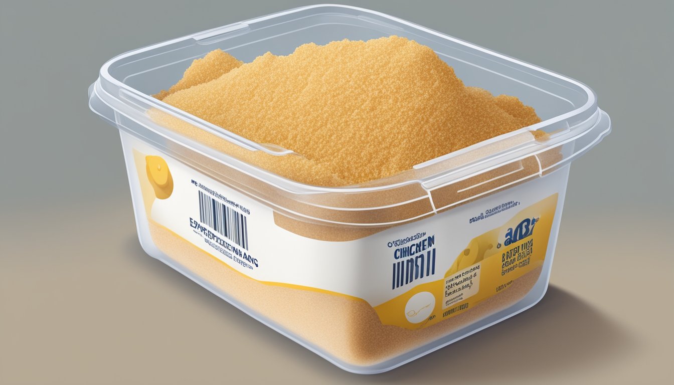 A clear plastic container of chicken breading mix with a label indicating expiration date