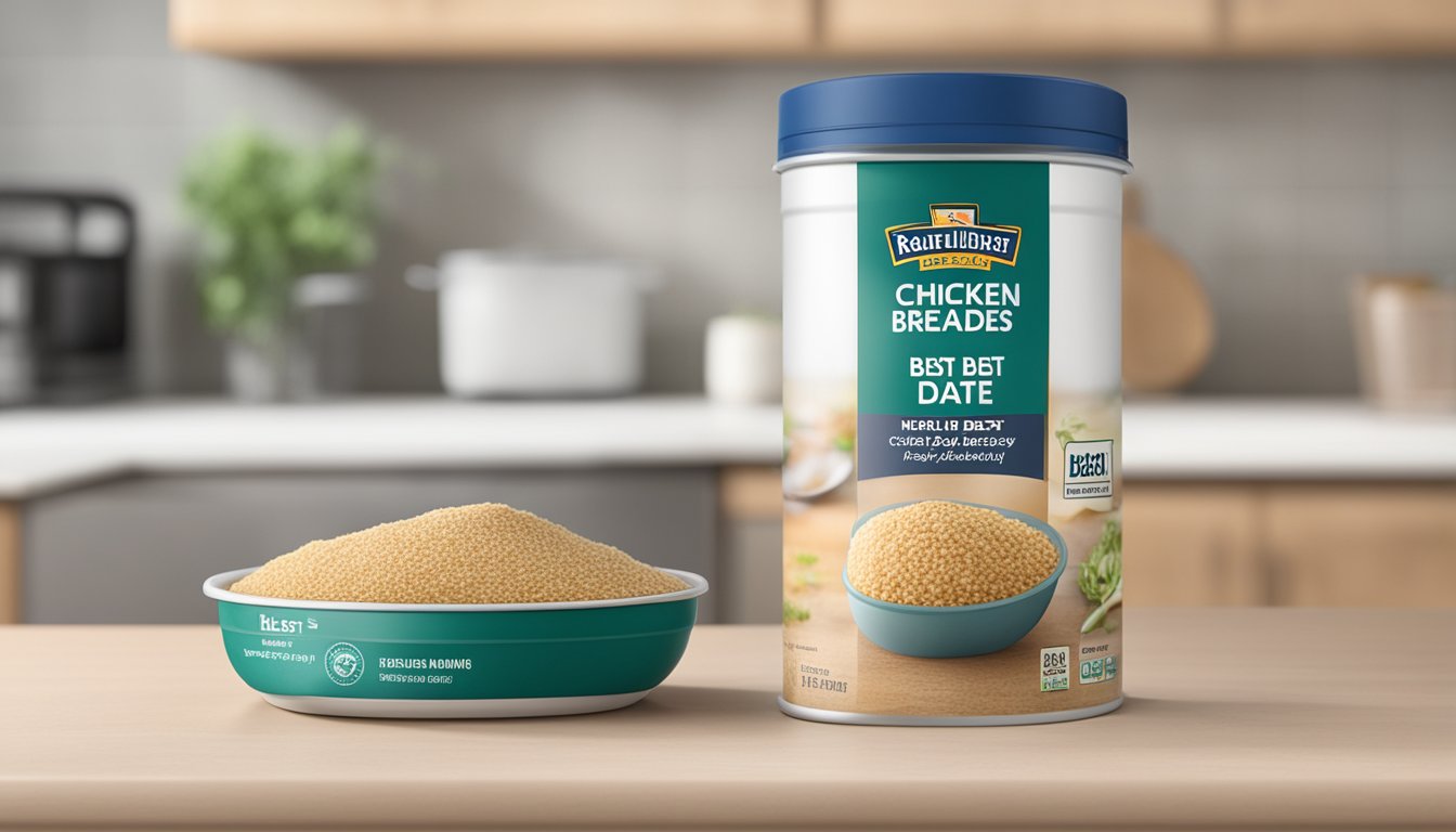 A bowl of chicken breading mix sits on a kitchen counter, next to a sealed container with a "best by" date