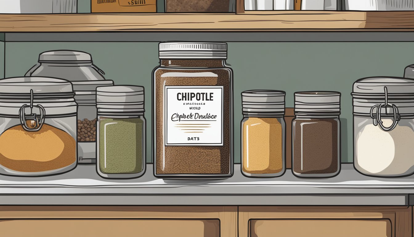 A jar of chipotle powder sits on a kitchen shelf, next to other spices. The jar is labeled with a date indicating its expiration