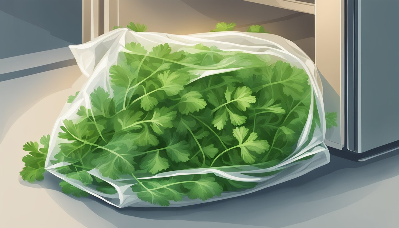 A bunch of fresh cilantro leaves wrapped in a damp paper towel inside a plastic bag in the refrigerator