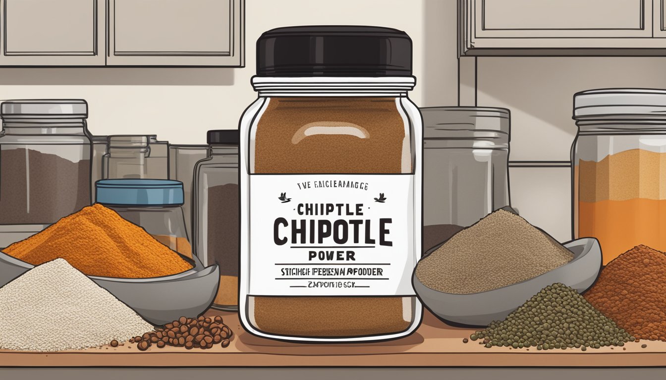 A jar of chipotle powder sits on a kitchen shelf, surrounded by other spices. The label indicates the expiration date, while the powder inside remains fresh and flavorful