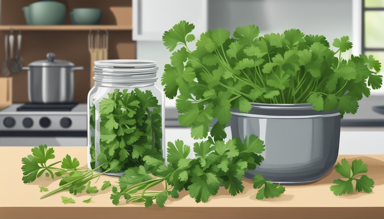 A bunch of fresh cilantro and a small jar of dried cilantro on a kitchen counter