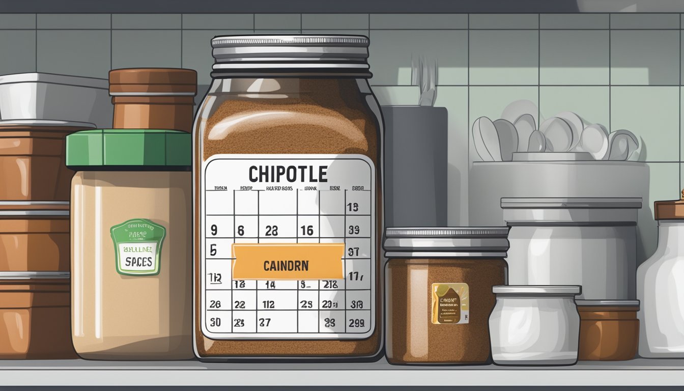 A jar of chipotle powder sits on a kitchen shelf, next to other spices. The label displays the expiration date, while a calendar on the wall marks the current date