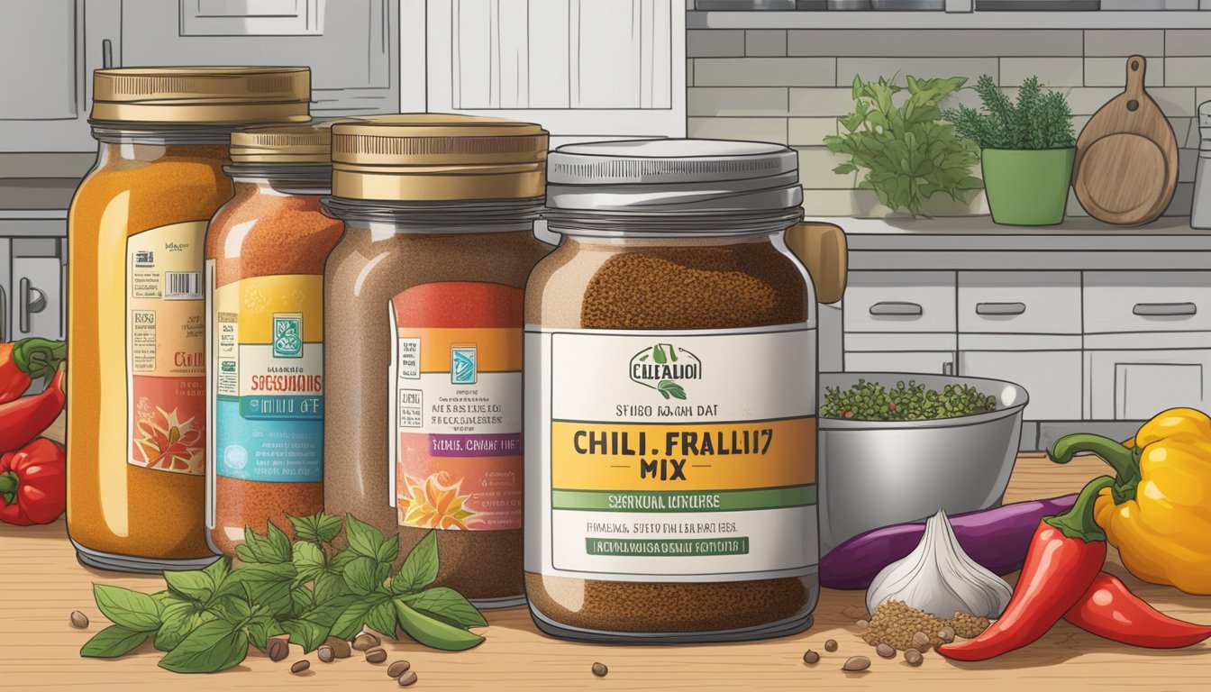 A jar of chili seasoning mix sits on a kitchen counter, surrounded by colorful spices and herbs. The label shows the expiration date