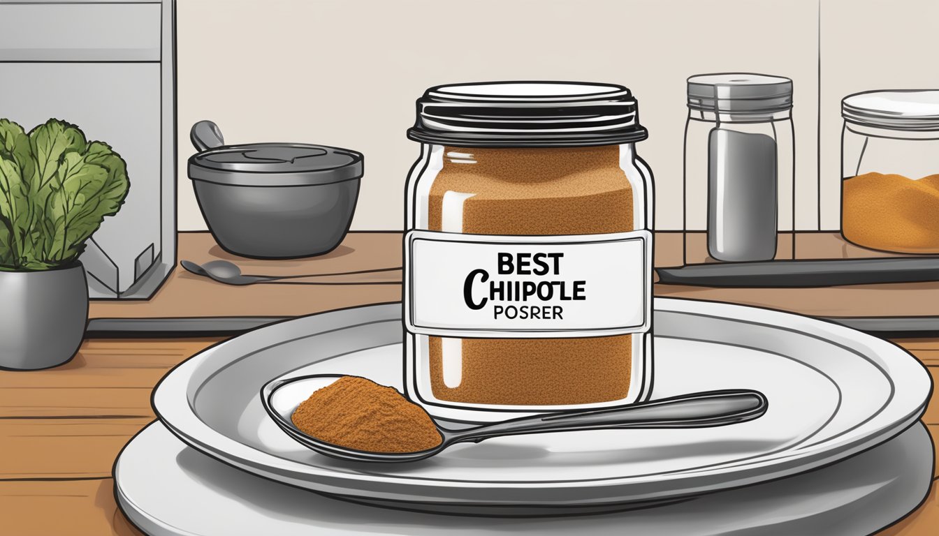 A jar of chipotle powder with a "best by" date on the label, a measuring spoon, and a dish of food being seasoned