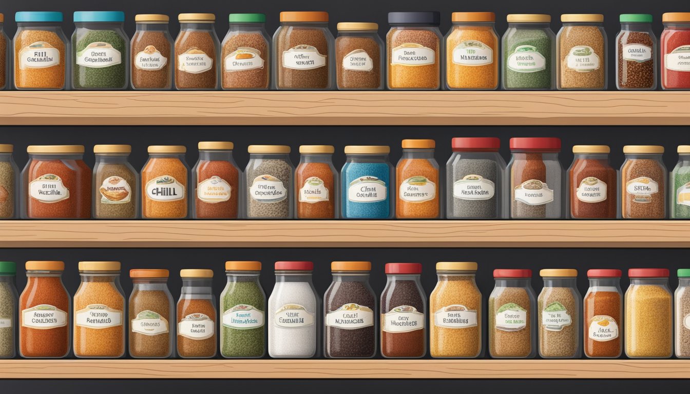 A pantry shelf with neatly organized jars of chili seasoning mix, labeled with expiration dates