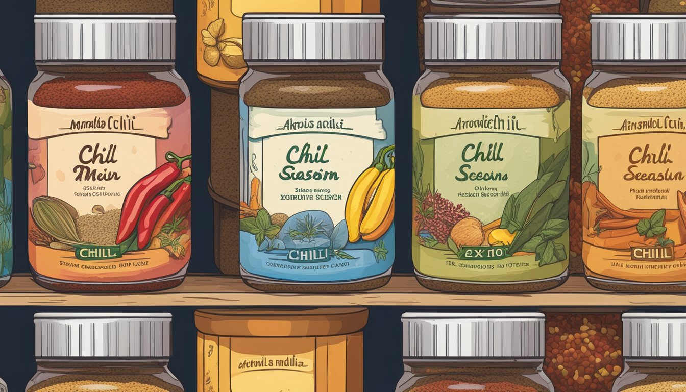 A jar of chili seasoning mix sits on a shelf, surrounded by various spices and herbs. The label indicates the expiration date, while the vibrant colors and aromatic scent suggest its potency and flavor