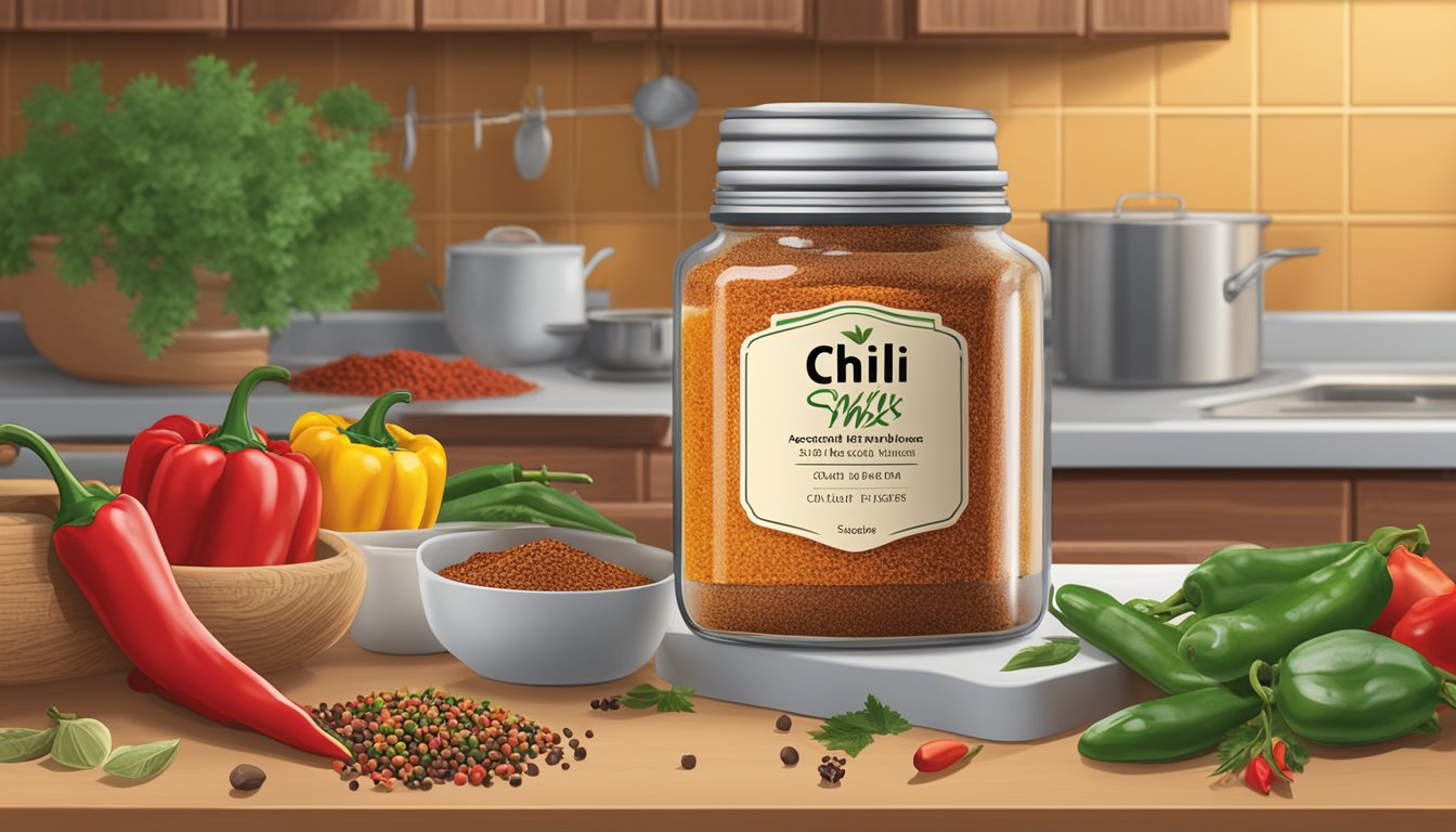 A jar of chili seasoning mix sits on a kitchen counter, surrounded by colorful spices and herbs. The label indicates the expiration date, while a dish of chili simmers on the stove