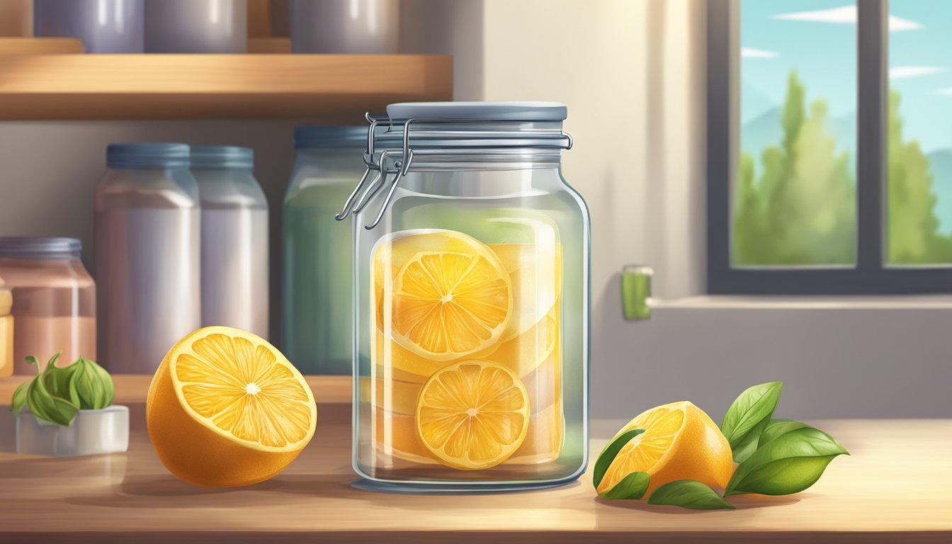 A glass jar of citric acid sits on a shelf in a cool, dry pantry