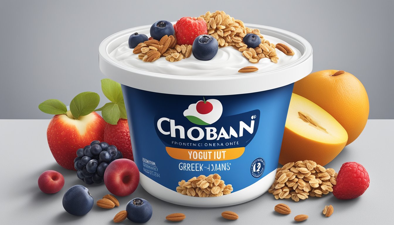 A tub of Chobani Greek Yogurt sits on a kitchen counter, surrounded by various fruits and granola. The expiration date is clearly visible on the label