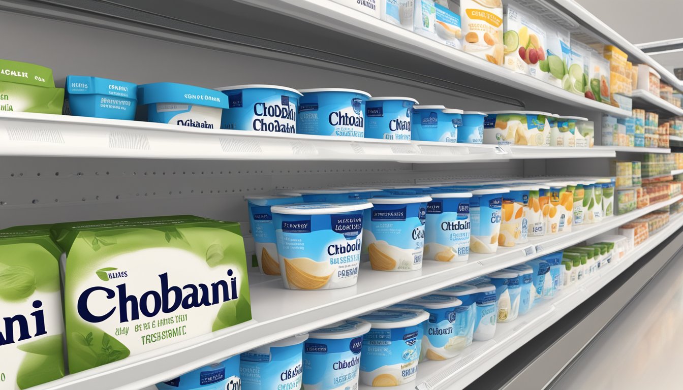 A carton of Chobani Greek Yogurt sits on a clean, white shelf in a refrigerated section of a grocery store. The expiration date is clearly displayed on the packaging