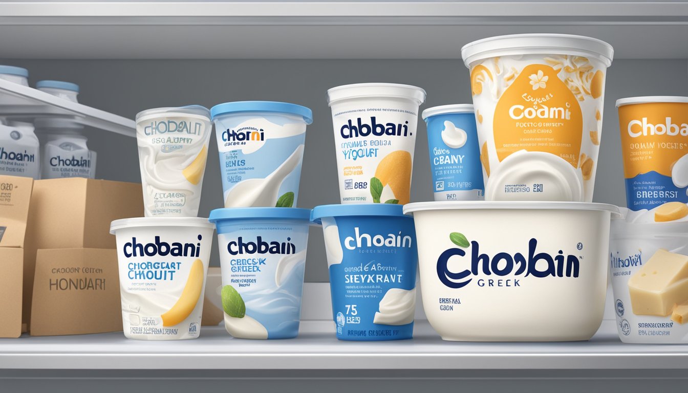 A container of Chobani Greek Yogurt sits in a refrigerator next to other dairy products. The expiration date is visible on the packaging