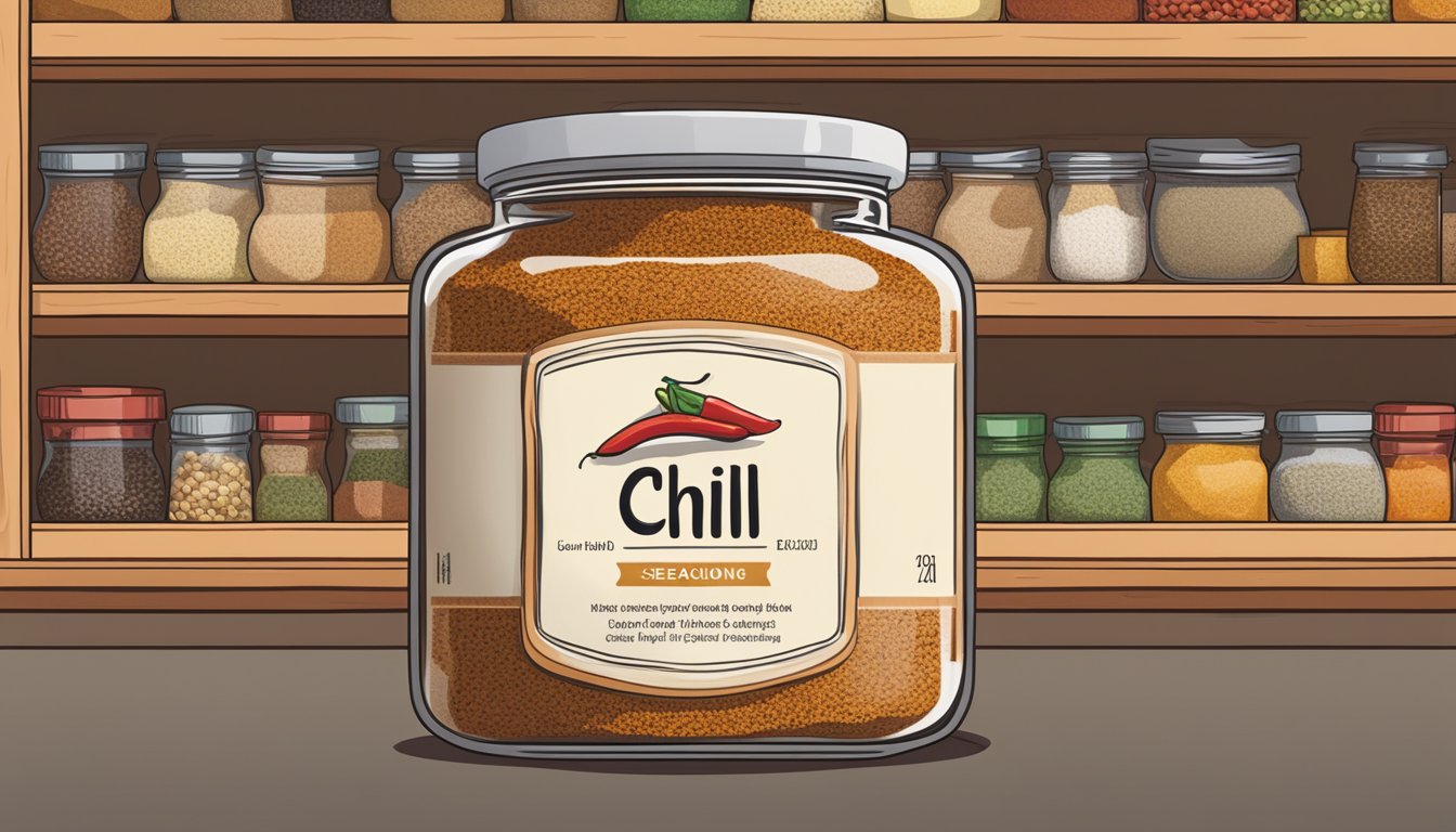 A jar of chili seasoning mix sits on a shelf, surrounded by various spices and herbs. The label on the jar indicates the expiration date