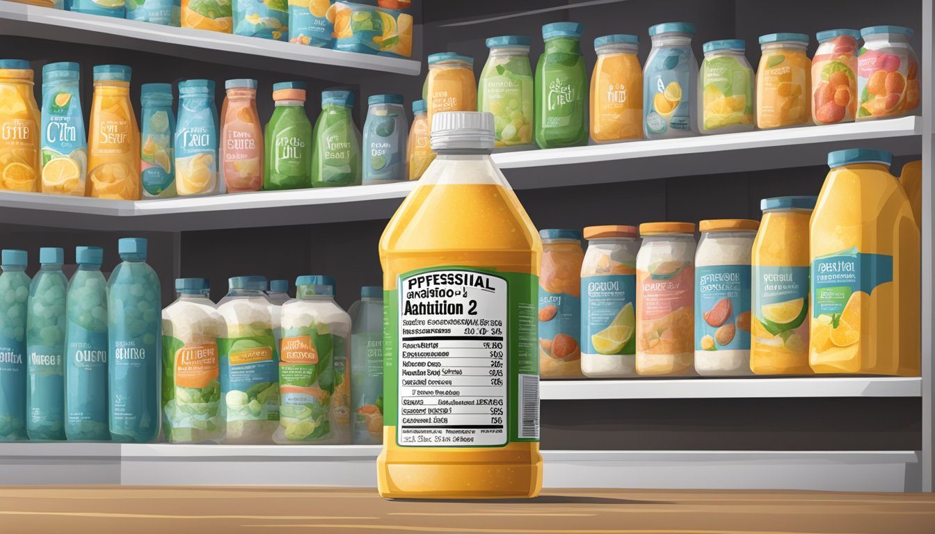 A bottle of citric acid sits on a shelf, surrounded by various food products. The expiration date is clearly displayed on the label