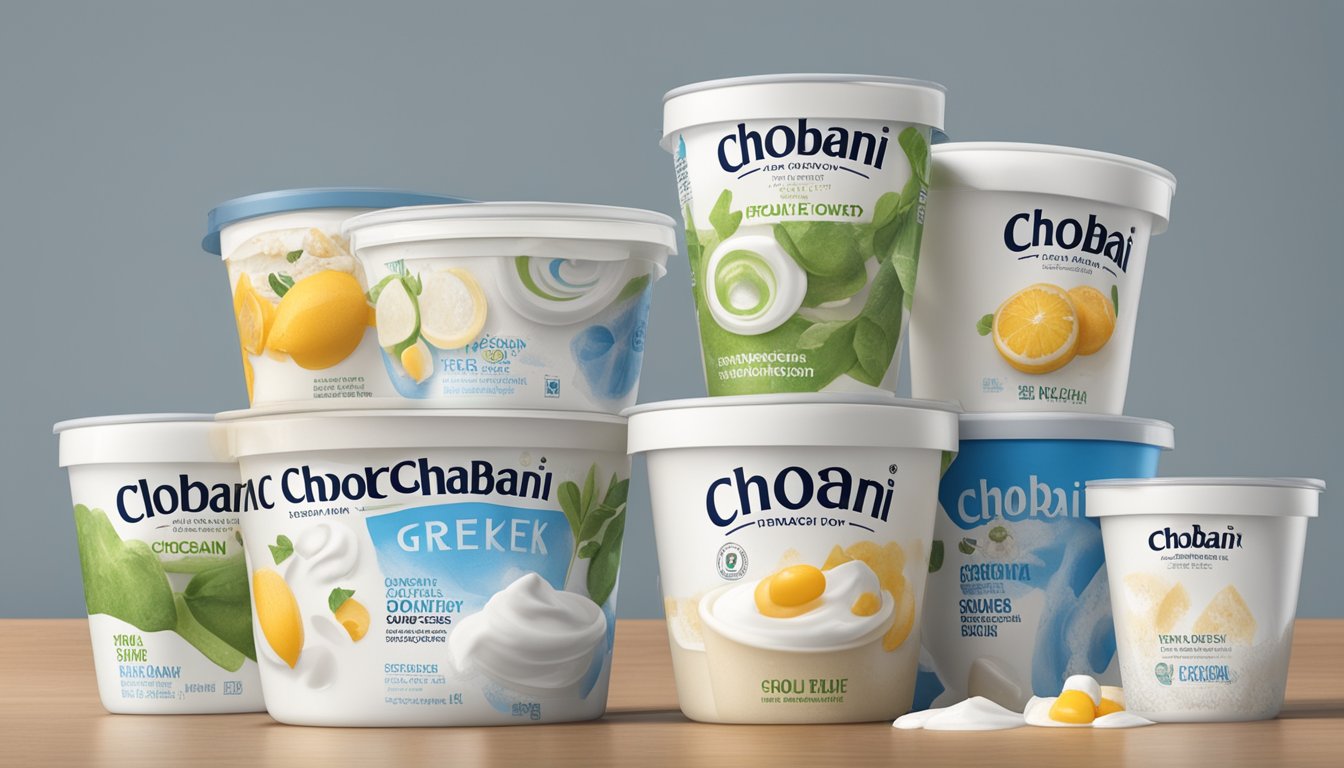 A tub of Chobani Greek Yogurt with a visible expiration date, surrounded by various signs of spoilage such as mold, curdled texture, and sour smell