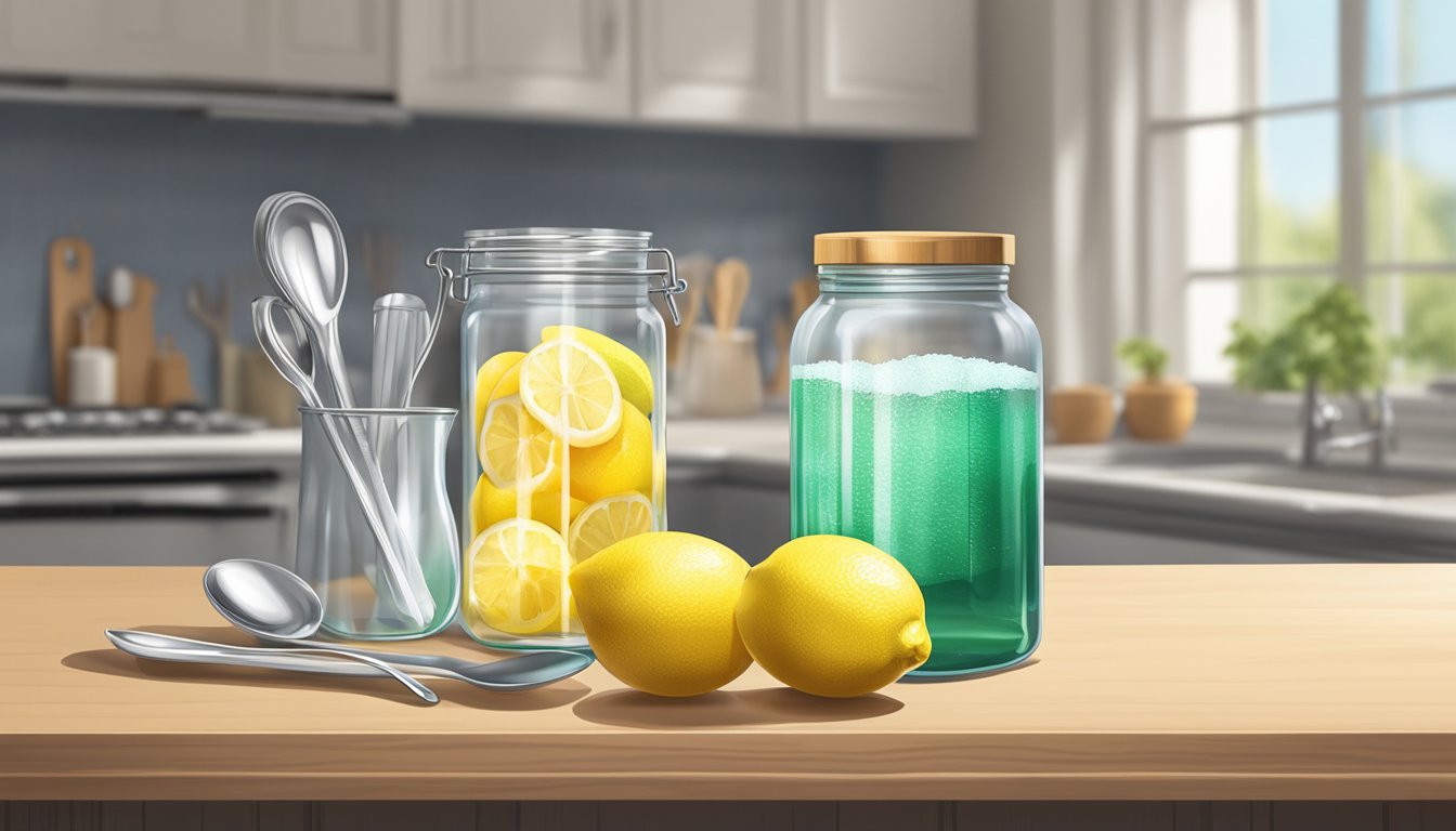 A glass jar of citric acid sits on a kitchen shelf, next to a bag of lemons and a measuring spoon